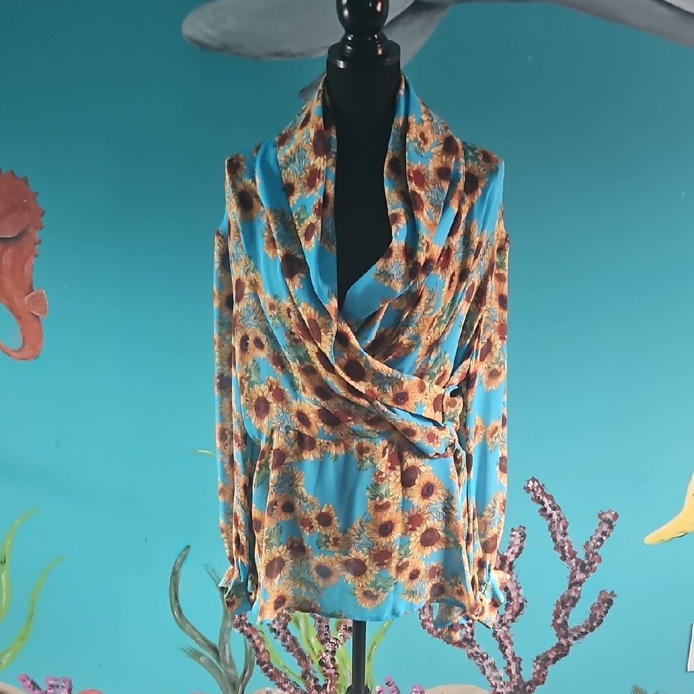 Floral Blue Women's Top With Sunflowers